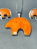 Family Of Bears Vintage Native American Navajo Spiny Oyster Sterling Silver Necklace Earrings-Nativo Arts