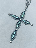 Native American Huge Vintage Navajo 4 Inch Tall Cross Turquoise Sterling Silver Necklace