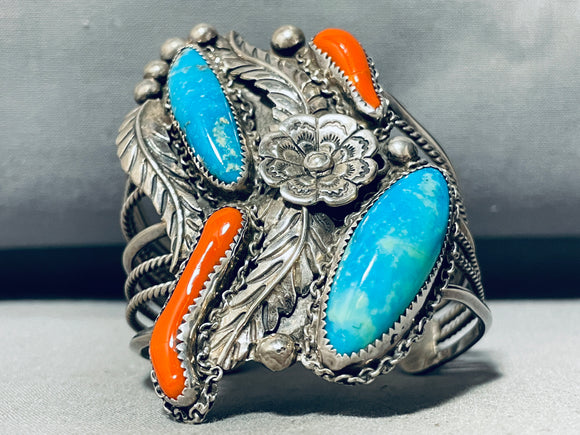 Towering Vintage Native American Navajo Turquoise Coral Sterling Silver Bracelet-Nativo Arts