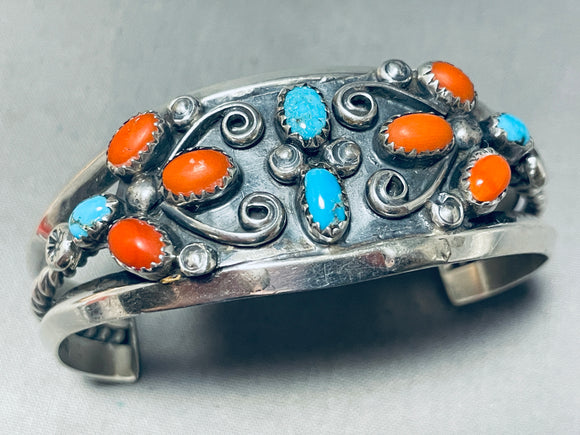 Alice Long Vintage Native American Navajo Coral Turquoise Sterling Silver Bracelet Cuff-Nativo Arts