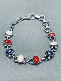 Patriotic Native American Navajo Coral Lapis Synthetic Opal Sterling Silver Bracelet-Nativo Arts