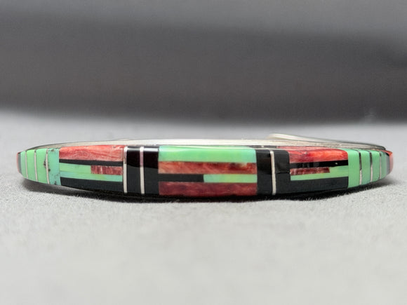 Gene Eustace Vintage Native American Zuni Gaspeite Sterling Silver Inlay Bracelet-Nativo Arts