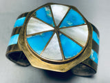 Wagonwheel Inlay!! Vintage Native American Navajo Turquoise Sterling Silver Bracelet-Nativo Arts