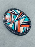 Native American One Of The Most Detailed Vintage Zuni Inlay Turquoise Sterling Silver Bcukle Old-Nativo Arts