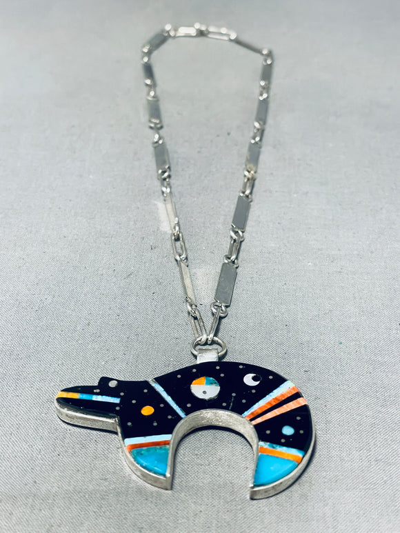 One Of A Kind Native American Navajo Turquoise Sterling Silver Cosmic Bear Necklace-Nativo Arts