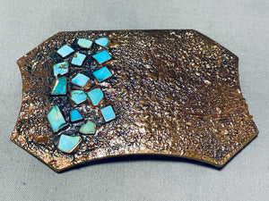 Outstanding Vintage Native American Navajo Inlay Turquoise Cluster Copper Large Buckle-Nativo Arts