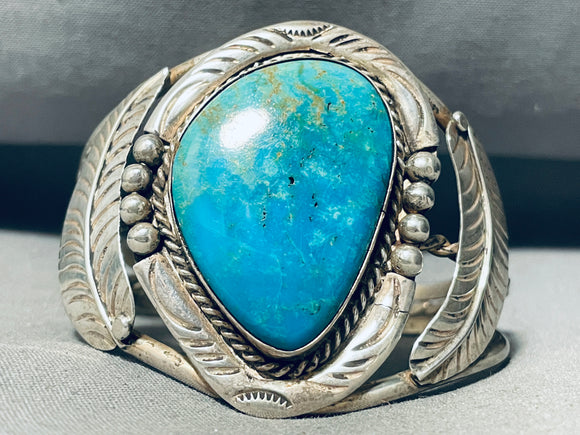 Superior Vintage Native American Navajo Easter Blue Turquoise Sterling Silver Leaf Bracelet-Nativo Arts