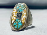 Illustrious Vintage Native American Navajo Turquoise Chip Inlay Sterling Silver Huge Ring-Nativo Arts