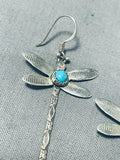 Pretty Vintage Native American Zuni Blue Gem Turquoise Sterling Silver Dragonfly Earrings-Nativo Arts
