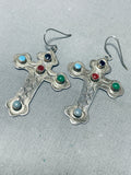 Glorious Vintage Native American Navajo Mexican Multi Stone Sterling Silver Cross Earrings-Nativo Arts