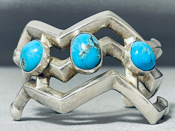 Execeptional Vintage Native American Navajo 3 Blue Diamond Turquoise Sterling Silver Bracelet-Nativo Arts