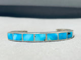 Superb Vintage Native American Navajo Inlay Turquoise Square Cut Sterling Silver Bracelet-Nativo Arts