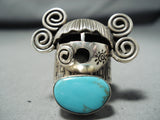 Unique Native American Navajo Old Kingman Turquoise Sterling Silver Kachina Ring-Nativo Arts