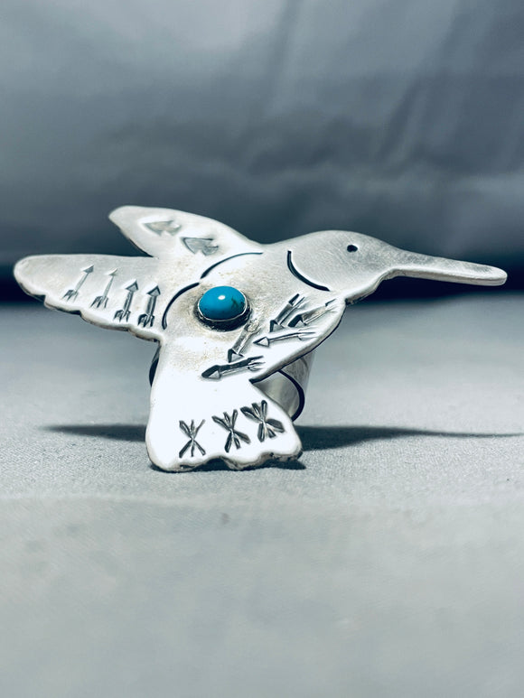 Expressive Native American Navajo Blue Gem Turquoise Sterling Silver Hummingbird Ring-Nativo Arts