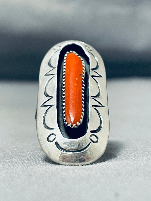 Delightful Vintage Native American Navajo Coral Sterling Silver Shadowbox Ring-Nativo Arts