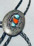 Rare Vintage Native American Navajo Morenci Turquoise Sterling Silver Shadowbox Bolo-Nativo Arts