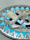 Amazing Vintage Native American Zuni Inlay Blue Gem Turquoise Jet Rainbow Man Silver Buckle-Nativo Arts