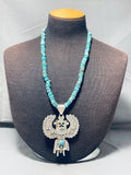 Captivating Native American Navajo Old Kingman Turquoise Sterling Silver Kachina Necklace-Nativo Arts