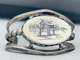 Completely Hand Carved Vintage Native American Navajo Cabin Sterling Silver Bracelet-Nativo Arts