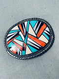 Native American One Of The Most Detailed Vintage Zuni Inlay Turquoise Sterling Silver Bcukle Old-Nativo Arts