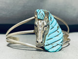 Mind Boggling Turquoise Horse Vintage Sterling Silver Inlay Bracelet Cuff-Nativo Arts