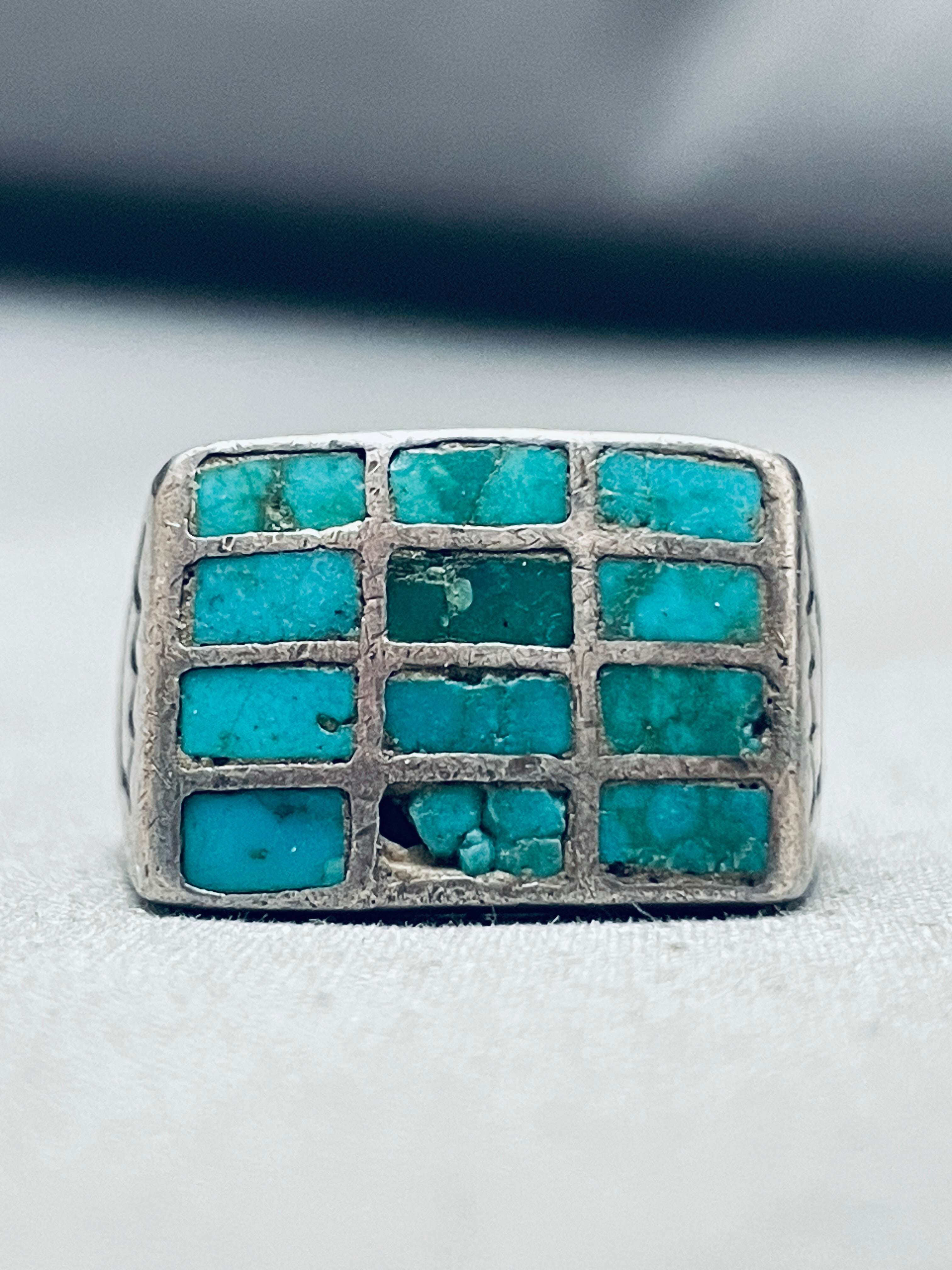 Very Old Vintage Navajo Turquoise Square Inlay Sterling