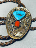 Justin Morris Vintage Native American Navajo Morenci Turquoise Gold Filled Bolo Tie-Nativo Arts