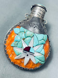 Huge Heavy Vintage Native American Navajo Turquoise Inlaid Sterling Silver Flask Pendant-Nativo Arts