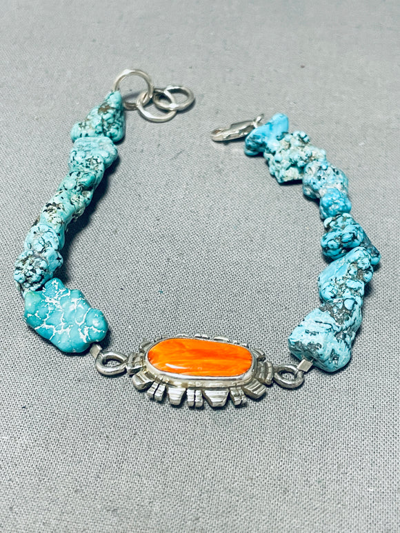 Native American Fabulous Santo Domingo Turquoise Sterling Silver Link Bracelet Signed-Nativo Arts