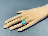 Unique Vintage Native American Zuni Blue Gem Turquoise Sterling Silver Ring-Nativo Arts