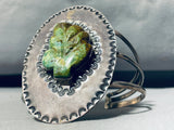 Completely Hand Carved Leaf Turquoise Vintage Native American Navajo Sterling Silver Bracelet-Nativo Arts