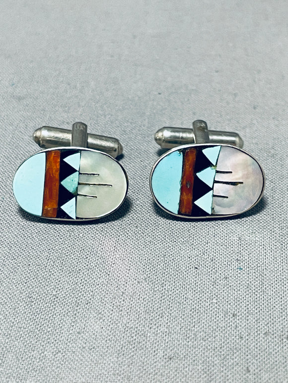 Tremendous Vintage Native American Navajo Blue Gem Turquosie Sterling Silver Cufflinks-Nativo Arts