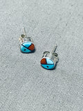 Authentic Native American Zuni Blue Gem Turquoise Coral Sterling Silver Sunface Earrings-Nativo Arts