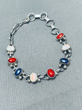 Patriotic Native American Navajo Coral Lapis Synthetic Opal Sterling Silver Bracelet-Nativo Arts