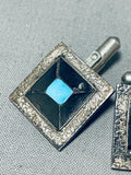 Spectacular Vintage Native American Navajo Blue Gem Turquoise Black Onyx Silver Cuff Links-Nativo Arts