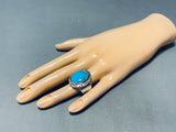 Brilliant Native American Navajo Signed Kingman Turquoise Sterling Silver Nakai Ring-Nativo Arts