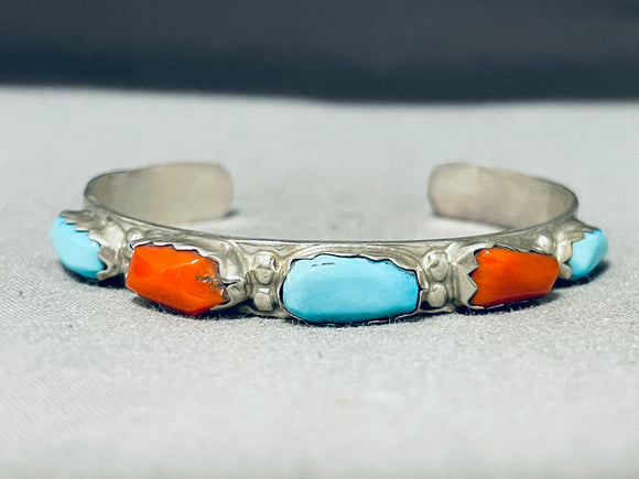 Outstanding Vintage Native American Zuni Blue Gem Turquoise & Coral Sterling Silver Bracelet-Nativo Arts