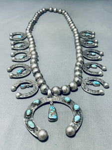 Gasp! 214 Gram Vintage Native American Navajo Turquoise Sterling Silver Squash Blossom Necklace-Nativo Arts