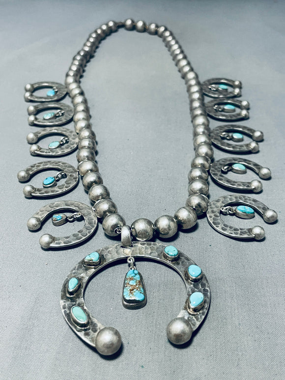 Gasp! 214 Gram Vintage Native American Navajo Turquoise Sterling Silver Squash Blossom Necklace-Nativo Arts
