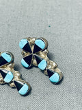 Cross Inlay Vintage Native American Zuni Turquoise Jet Sterling Silver Earrings Old-Nativo Arts