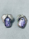 Stunning Vintage Native American Navajo Charoite Sterling Silver Leaf Earrings-Nativo Arts