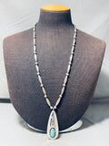 Rare Longer Vintage Native American Navajo Turquoise Geometric Sterling Silver Necklace Old-Nativo Arts