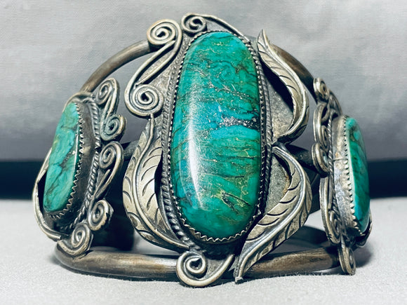 Monstrous Vintage Native American Navajo Green Turquoise Sterling Silver Leaf Bracelet-Nativo Arts