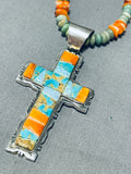 Dropdead Gorgeous Native American Navajo Turquoise Shell Inlay Sterling Silver Cross Necklace-Nativo Arts