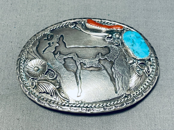 Jay Livingston Antelope Vintage Native American Navajo Sterling Silver Turquoise Buckle-Nativo Arts