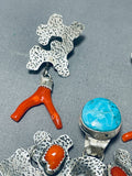 Amazing Native American Navajo Coral & Turquoise Sterling Silver Pendant And Earrings Set-Nativo Arts