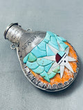 Huge Heavy Vintage Native American Navajo Turquoise Inlaid Sterling Silver Flask Pendant-Nativo Arts