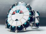 Heavy Huge Vintage Native American Zuni Inlay Sterling Silver Sun Bracelet-Nativo Arts