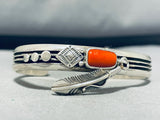 Signed Native American Navajo Coral Sterling Silver Bracelet-Nativo Arts