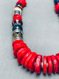 Chunky Native American Navajo Coral Disc Sterling Silver Beaded Necklace-Nativo Arts